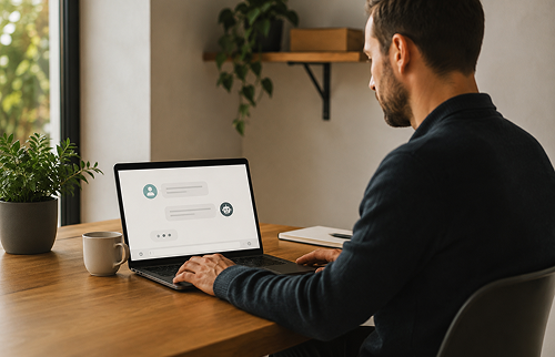 A man at a laptop using an AI chat assistant